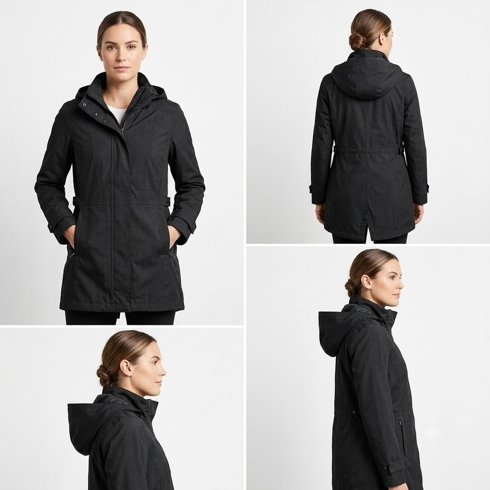 Kirkland Signature Trench Coat Womens L Charcoal Black Long Sleeve Hooded Pocket